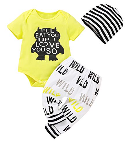 Younger star 3Pcs Newborn Baby Boys Clothes Letter Print Romper+ Casual Pants+Hat...