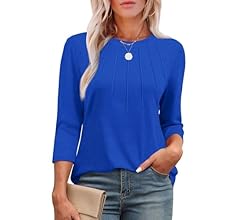 XIEERDUO 3/4 Length Sleeve Womens Tops Round Neck Casual Tunic Tops Basic Pleated Shirts Loose Fit 2025