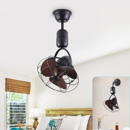 DIGLED Oscillating Ceiling Fan with Remote: Caged Outdoor Wall Fan for Patio - Black and Walnut Wall Mount Fan Ceiling for Indoor Bedroom Kitchen - 80° Oscillation 100° Adjustable