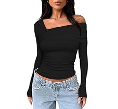 Darong Women's One Off Shoulder Long Sleeve Tops Ruched Going Out Crop Shirts Slim Fit Y2K Tee Blouse