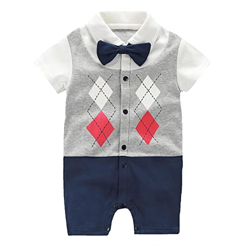 Fairy Baby Newborn Boy's Gentleman Romper Outfit with Bow Tie,0-3M,Short Grid