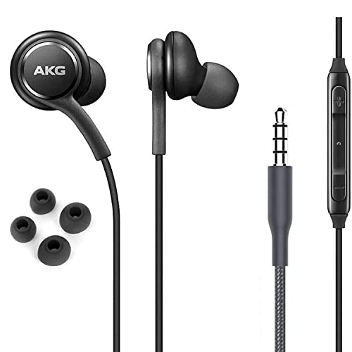 akg 450 - OEM ElloGear Earbuds Stereo Headphones for Samsung Galaxy S10 S10e Plus A31 A71 Cable - Designed by AKG - with Microphone and Volume Buttons (Black)