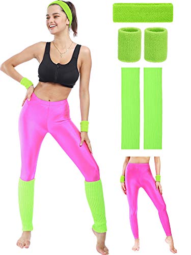 80s Neon Workout Set for Women with leggings, leg warmers and sweatbands