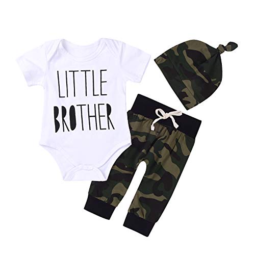 3Pcs Baby Boys Little Brother Camouflage Romper Tops+Pants Leggings+ Hat Outfits Set...