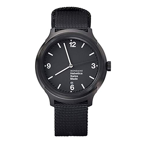 Mondaine Helvetica No1 Wrist Watch (MH1.B1221.NB) Black Nylon Strap, Black Case and Dial, White Hands and Numbers