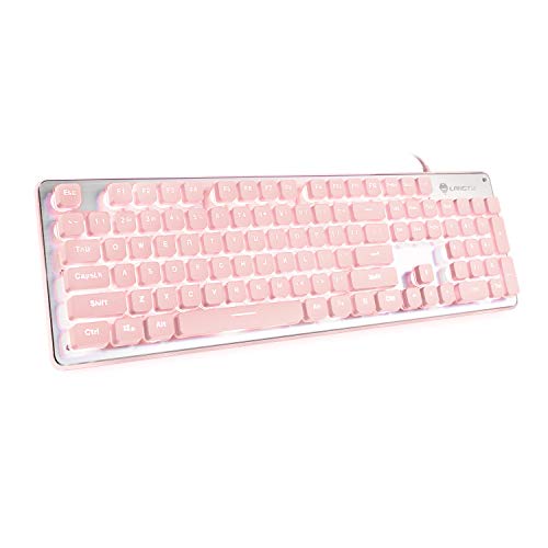 Computer Keyboard, LANGTU Backlit LED Pink Keyboard for Office, All-Metal Panel USB Wired Membrane Keyboard, 25 Keys Anti-ghosting Laptop Keyboard 104 Keys