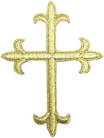 Gold Metallic Fleur De Lis Iron On Embroidered Religious Cross Patch 4 Inch