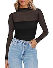 Zeagoo Women&#39;s Sexy Mock Turtle Neck Long Sleeve Tops Sheer Mesh Ruched Trendy Going Out Shirts Blouse