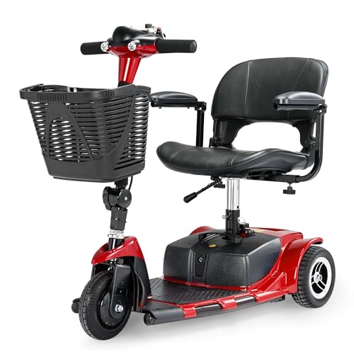 3 Wheel Battery Powered Electric Mobility Scooter, Electric Transportation Wheelchair, Compact Heavy Mobility with Lights, Basket, Extended Battery (Red, 3 Wheel)