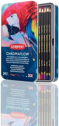 Derwent Chromaflow Colored Pencils Tin, Set of 24, Great for Holiday Gifts, 4mm Wide Core, Multicolor, Smooth Texture, Art Supplies for Drawing, Blending, Sketching, Professional Quality (2305857)