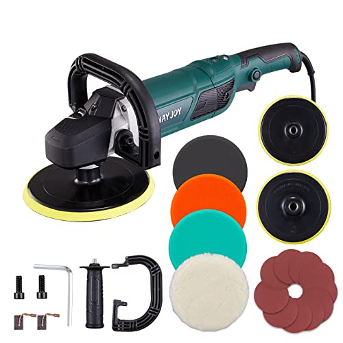 buffer waxer polisher - Buffer Polisher, Wayjoy 12.5A 1500W Rotary Car Polisher, 6-Speed Buffer Waxer with 6” and 7“ Backing Plate, Buffer Polisher with D & Side Handle and LCD Display, 4 Foam Pads