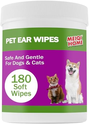 180 Count Dog Ear Cleaner Wipes, Dog Ear Wipes, Gently Remove Ear Wax, Debris - Soothes & Relieves Ear Itching, Fresh Mugwort Scent, All Natural Ingredients，Safe & Gentle Ear Wipes for Dogs & Cats