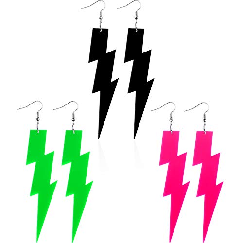 3 Pairs 80s Neon Lightning Bolt Earrimgs, green, pink and black