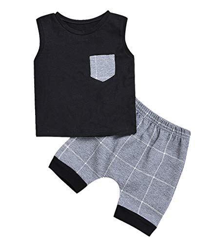 Infant Baby Boys Summer Casual Clothes Set Plaid Pocket Vest Tops +Shorts...