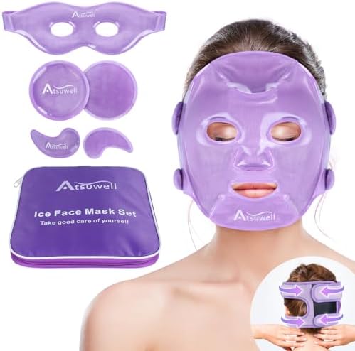 Atsuwell Cooling Ice Face Eye Mask Set for Dark Circles and Puffiness, 6 Gel Cold Packs for Face, Eyes, Soft Plush Lining Ice Pads Cold Compress, Relaxation, Cool Bag Included