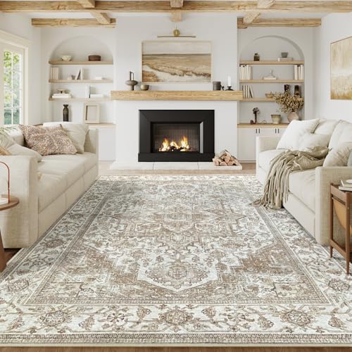 HUGEAR 5x7 Area Rugs for Living Room Vintage Machine Washable Rug Taupe Lightweight Chenille Print Rug Low Pile Carpet Throw Rug for Bedroom Office Dining Kitchen Laundry Room Non Slip