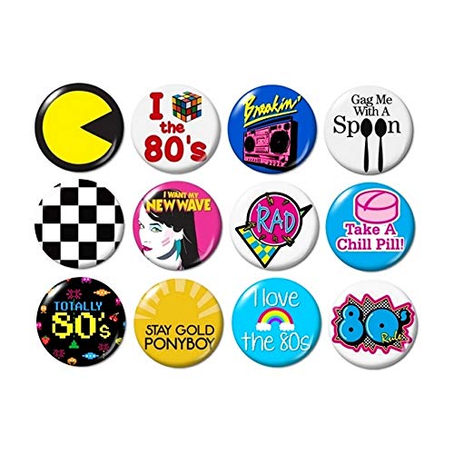 1980's Themed Button Badge Set, 12 pcs