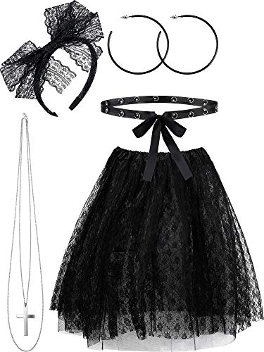 5 Pieces, Women's 80s Madonna Style Lace Skirt and Accessories Set