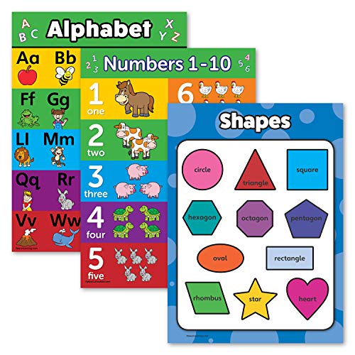 abc chart for toddlers - 3 Pack - ABC Alphabet + Numbers 1-10 + Shapes Poster Set - Toddler Educational Charts (LAMINATED, 18