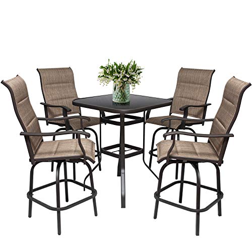 bar height outdoor furniture - 5PC Outdoor Bar Stools Set - 4 Bar Height Swivel Patio Chair & 1 High Bistro Table w/Umbrella Hole - Padded Textilene All Weather Furniture (Padded Textilene Chair Seat & Back, 4 Chiars & 1 Table)