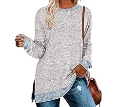 WELINCO Womens Crewneck Pullovers Color Block Long Sleeve Side Split Tunic Tops