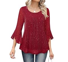 Bebonnie Women's Ruffle 3/4 Sleeve Elegant Dressy Blouses Crew Neck Double Layers Mesh Tunic Tops