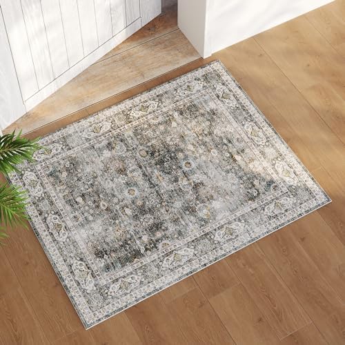 Rugcomf 2x3 Rug Washable Boho Rug Soft Small Area Rug Non-Slip Non-Shedding Faux Wool Vintage Rug for Door Mat, Kitchen, Floor, Entryway, Powder Room (Grey and Brown)