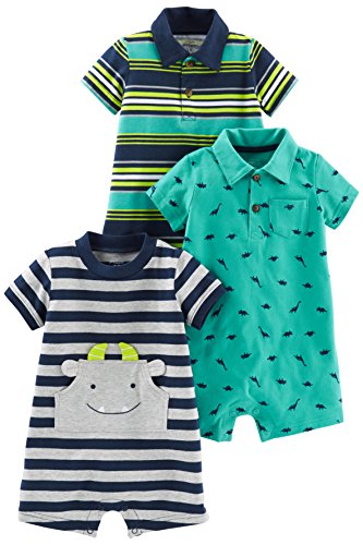 Simple Joys by Carter's Baby Boys' 3-Pack Rompers, Blue Stripe/Turquoise Dino/Grey Navy,...