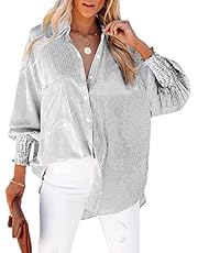 Women&#39;s Smocked Cuffed Striped Boyfriend Shirt with Pocket Casual Collar Long Sleeve Blouse Tops for Pocket Shirred