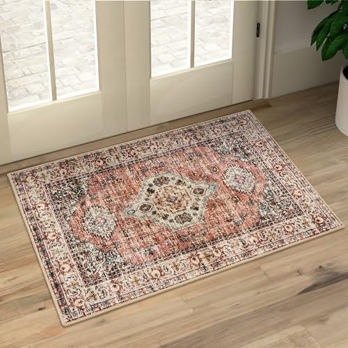 Lahome Oriental Entryway Rugs Indoor, 2x3 Rugs for Entryway Soft Small Kitchen Rugs Non Slip Washable, Ultra-Thin Vintage Door Mat Indoor Entrance for Bedroom Bathroom (2x3ft,Peach/Orange)