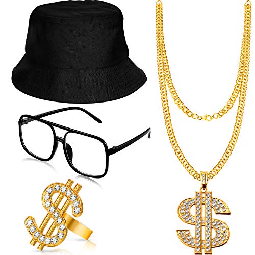 80s RUN DMC Hip Hop Costume Kit Bwith bucket hat, glasses and dollar sign jewelry