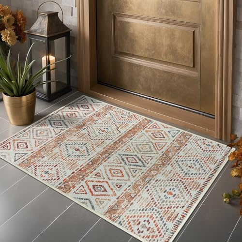 Adiva Rugs 2x3 Machine Washable Area Rug with Non Slip Backing for Living Room Bedroom Bathroom Kitchen Mats for Floor Decor Anti Fatigue Non Skid Door Carpet (Cream Multi, 2' x 3')