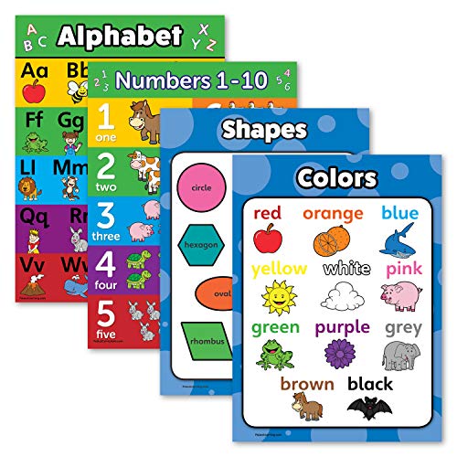 abc chart for toddlers - 4 pack - ABC Alphabet + Numbers 1-10 + Shapes + Colors Poster Set - Toddler Educational Charts (LAMINATED, 18