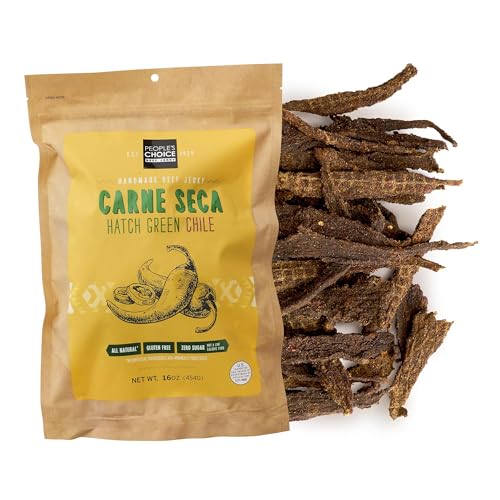 People's Choice Beef Jerky - Carne Seca - New Mexico Hatch Green Chile - Healthy, Sugar Free, Zero Carb, Gluten Free, Keto Friendly, High Protein Meat Snack - Dry Texture - 1 Pound, 16 oz - 1 Bag