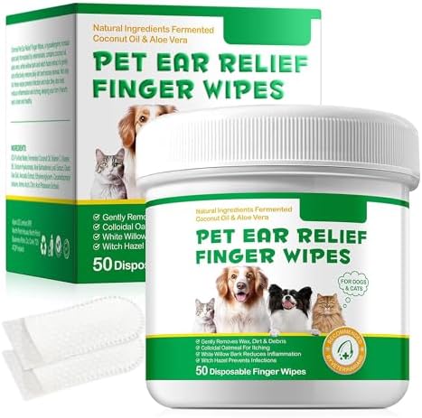 Pet Ear Relief Finger Wipes | Pet Ear Cleaner Finger Wipes for Dogs Cats | Relieves Itching & Inflammation | Cleans Dirt & Earwax | Soothing, Soft, Gentle, Non - Irritating | 50 Wipes