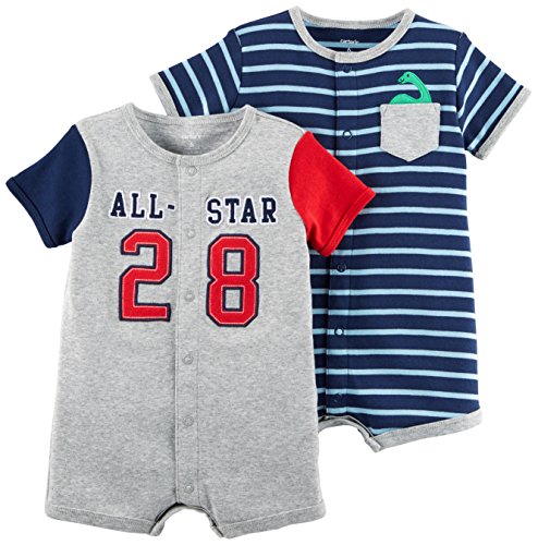 Carter's Baby Boys' 2-Pack Snap up Romper, Allstar/Blue Stripe, 3 Months