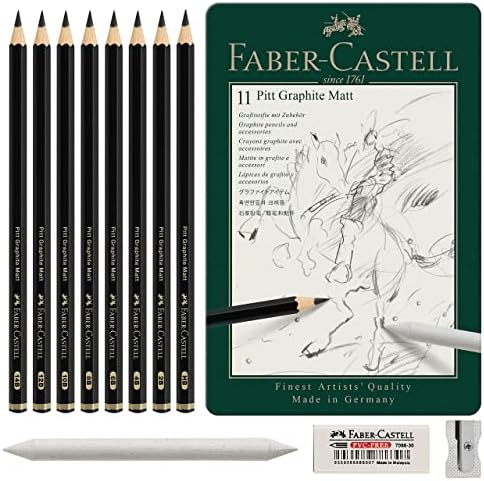 Faber-Castell Pitt Graphite Matte Pencil Set, Metal Tin of 8 Graphite Pencils and Sketching Accessories (HB, 2B, 4B, 6B, 8B, 10B, 12B, 14B), Pencil Sharpener, Eraser and Blending Stump