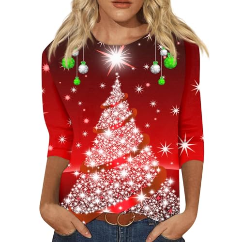 Stessotudo Women’s Christmas Tree Shirts Crewneck 3/4 Sleeve Glitter Holiday Tops Funny Graphic Xmas Gift Party Outfits 2023 maternity christmas Red XL