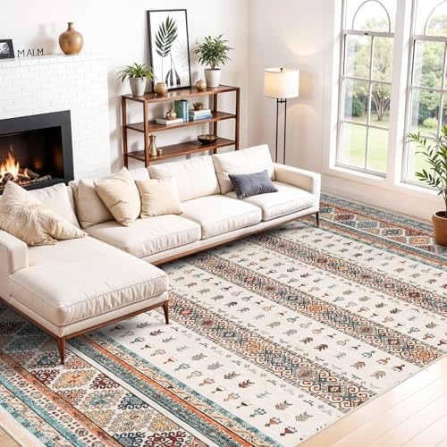 Living Room 10x14 Area Rug: Washable Rug with Non Slip Backing Farmhouse Soft Indoor Carpets for Bedroom Home Office Moroccan Water Resistant Mat for Dining Room 10x14 Blue/Beige/Multi