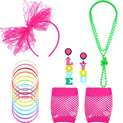 80s Neon Accessories Set for Women with Love You Earrings