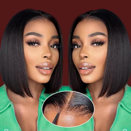 GUDOZO Bob Wig Human Hair Glueless Wigs Human Hair Pre Plucked Pre Cut 4x4 HD Lace Front Glueless Wigs Human Hair 180% Density Short Straight Bob Wigs for Black Women 12 inch