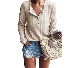 WNEEDU Women's Waffle Knit Tunic Tops Loose Long Sleeve Button Up V Neck Henley Shirts