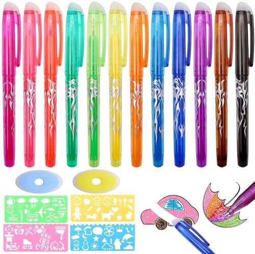 12 Pcs Erasable Pens, VEGCOO Rub Out Pens Eraser Pens with 4 Colours Drawing Board Gel Ink Eraser Pens, Erasable Gel Pens 0.5mm for Kids Adults Students Writing School Office Stationary Supplies Gifts