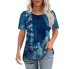 OFEEFAN Womens T Shirts Short Sleeve Tops Dressy Casual Blouses Spring Summer Outfits Flowy Pleated Front Scooped Neck