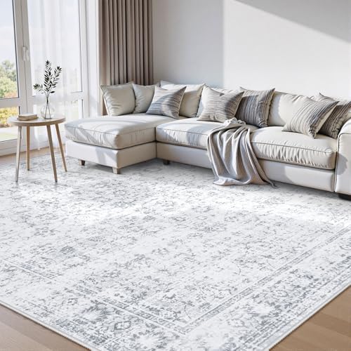 LIVEBOX 10x14 Area Rugs, Extra Large Grey Area Rug for Living Room Boho Soft Non-Slip Rug, Low Pile Non-Shedding Indoor Carpet for Dining Room Bedroom High Traffic Areas