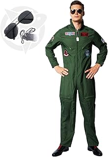 EraSpooky Men Pilot Costume Aviator Fancy Dress Halloween Party Cosplay Outfit for Adult