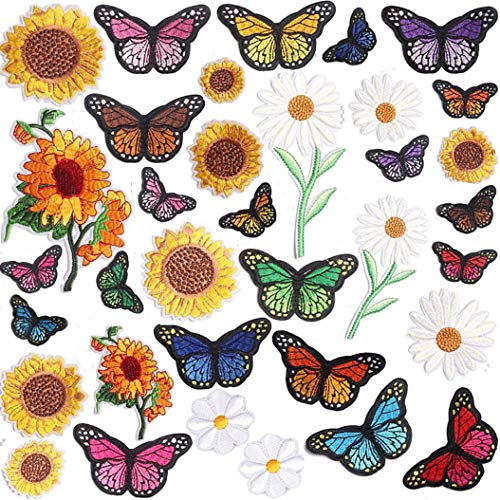 35 Pieces Embroidered Iron on Patch for Clothing,Sunflowers Butterfly Iron On Patches Set,Large Size Cute Decoration Embroidered Patches Pack for Jeans,Bags, Clothing, Arts Crafts DIY