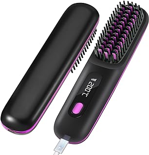 Portable Cordless Hair Straightener Brush with LED Display - Lightweight Mini Negative Ion Hot Comb, USB Rechargeable Trav...