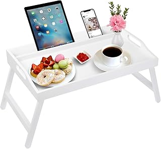 Breakfast Bed Tray Table with Handles Folding Legs Bamboo Bed Tray with Media Slot,Foldable Platter Tray, Laptop Desk,Snac...