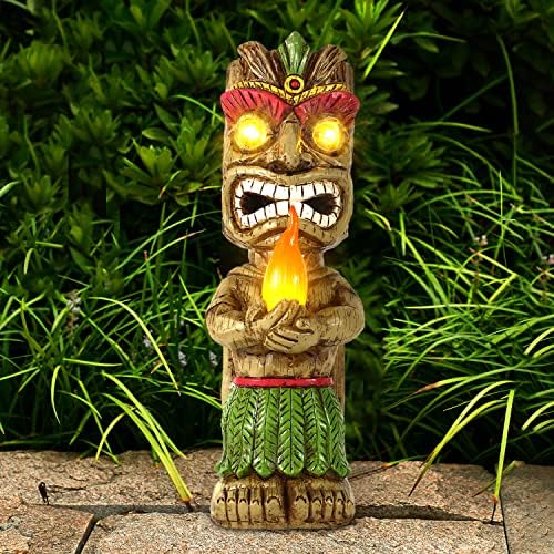 MIBUNG 13" Tall Solar Torch Tiki Garden Statue, Resin Large Tiki Decor Figurine with Solar Lights, Hawaiian Tiki Man, Outdoor Patio Yard Lawn Bar Party Beach Pool Pond Decoration, Valentine's Day Gift